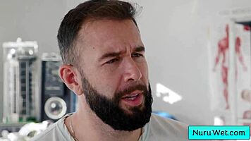 Blondie masseuse prepares client for intimate, wet session