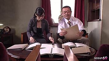 Can Japanese teen 18+ secretary with glasses handle sucking fat cock of old ugly boss?