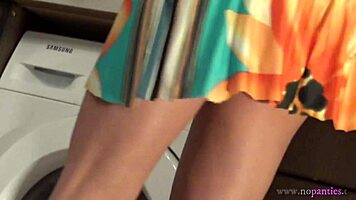 hot brunette babe strips in kitchen under skirt 😍