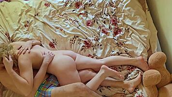 passionate real couple getting intimate at home with rough muff diving and big cock action