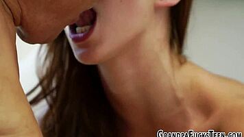 Brunette teen sucks grandfather's cock outdoor.