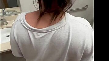 Tiktoker La Paisa sneaks quick hotel bathroom sex with fan. Fan bends her over sink