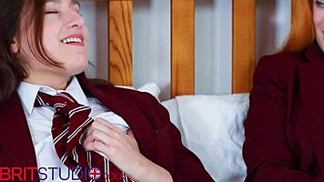 Two british students have a masturbation race in their uniforms