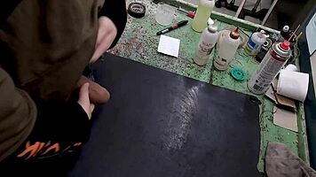 Masturbating Big Cock on Workbench at Work