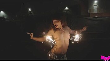 Just chilling topless outdoors with Honey Gold and Dakota Marr flashing sparklers.