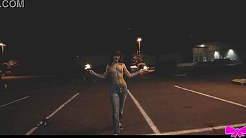 Just chilling topless outdoors with Honey Gold and Dakota Marr flashing sparklers.