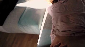 Curly-haired skinny babe resists big cock before cumming.