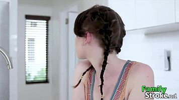 Naughty college girl deepthroats in bathroom