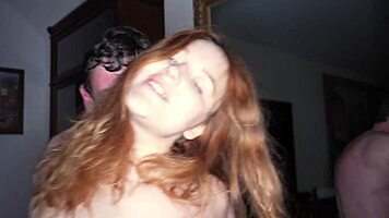 This redhead slut bounces her boobs in a passionate backstage fuck.