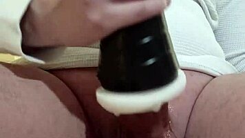 Tall guy fucks fleshlight with close-up cumshot.