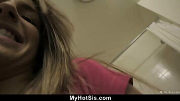 Step sister catches stepbrother jerking off and offers a helping hand.