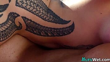 Lovely Busty Blonde Pours Nuru Gel on Naked Body and Fucks Client - Lacey Jayne James Angel