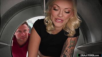 Blonde stuck in laundry machine offers blowjob for help.