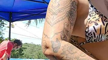 wife flashes big ass in tight body at pool