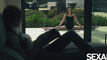 Flexible lesbian passionately kisses and sucks her sexy redhead girlfriend's nipples before eating her hot pussy in an intriguing display