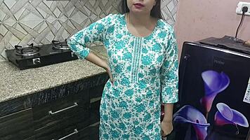 Indian Stepmom Interacts with Stepson in Kitchen