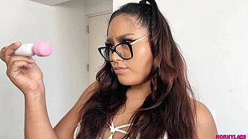 Linda says, 'I bought this huge toy online and I'm going to try it out while my parents are gone.' She masturbates until she squirts.