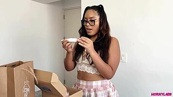 Linda says, 'I bought this huge toy online and I'm going to try it out while my parents are gone.' She masturbates until she squirts.