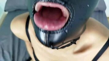 petty bdsm slut sucking cock deepthroat slapping and spitting her face with slave leather mask