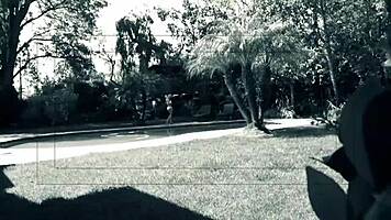 teen aubrey adams rubs small tits and fucks monster cock outdoors