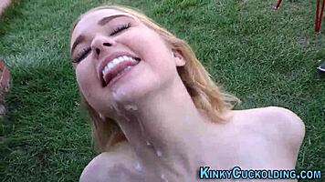 Teen cuckolds outdoors in interracial threesome with monster cock