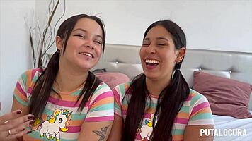 two cute colombian teens give handjob and swallow cum in bedroom.