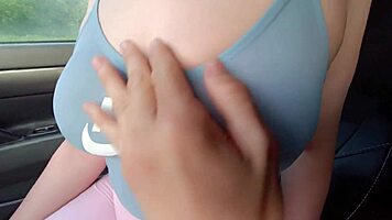 Sexy Student Trades Ride for Intense Big Tits Sucking Session in the Car