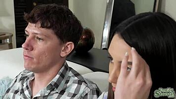 I can't believe my buddy pulled out his cock for that brunette to deepthroat on the sofa