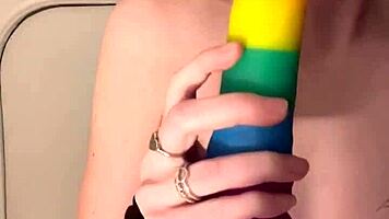 Tiny petite amateur with small tits rides huge dildo thicker than her arm deep in her little pussy, orgasms and leaks cum into used panties.