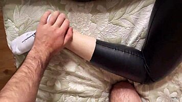 Sexy blonde in leggings gets cock in her tight pussy, amateur couple