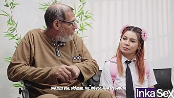 Young stepsister arrives from school and old pervert teaches us to fuck