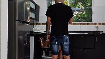 Brunette young latina housewife with small tits and piercing gets pretty ass bent over in muscular tattooed colombian encounter