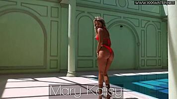 very hot russian pornstar mary kalisy bathing in bikini by the pool, getting nude outdoors