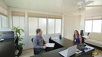 man intensely uses young student girl as whore in his big office for cash