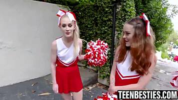 cheerleader besties find big cock during practice, deepthroat pov before foursome doggystyle
