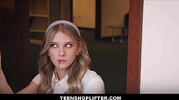 Skinny Blonde Teen 18+ Reporter Watches Tape Of Petite Ebony Teen 18+ Shoplifter With Mall Cop