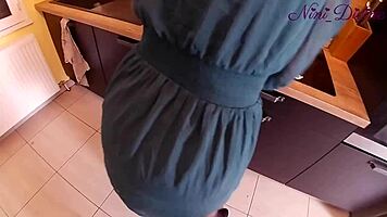 Blonde girl pulls big panties for kitchen fuck