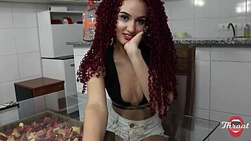 Damn! Skinny Redhead Teen Deepthroats Huge Cock for Cum in Mouth