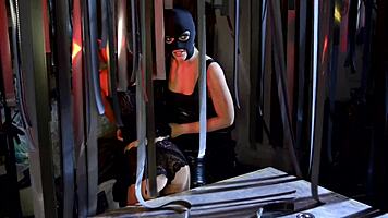 Masked blonde teen slut takes on huge monster cock in intense group threesome action