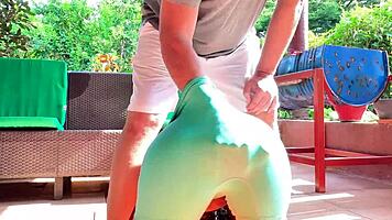 stepdad finds me dripping wet yoga pussy outside and fucks my young cunt