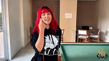 Petite goth Brazilian Nana Batatinha submits in first-time interracial casting with Qrozne, riding cowgirl in wet pussy roleplay