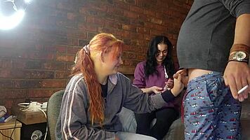 Two shy girls contrastingly handle one massive cock in intriguing ffm play.