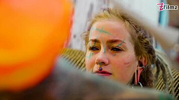 Tattoo girl feels pleasure in solo anal play with big dildo in sexy fishnets