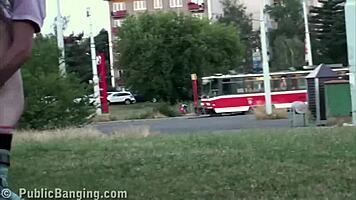 Young Blonde Teen Cutie Engages in Public Street Gang Bang Threesome with Two Guys