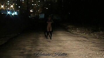 Autumn takes a naked walk in public, flashing her beautiful pussy
