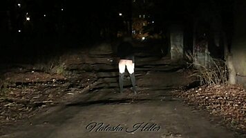 Autumn takes a naked walk in public, flashing her beautiful pussy