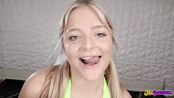 In this scene, a blonde teen 18+ delivers an amazing interracial blowjob on a huge bbc.