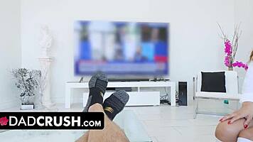 Liberal stepdaughter convinces conservative stepdad to suck cock