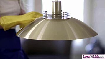 busty cleaners lick shaved pussy on bed