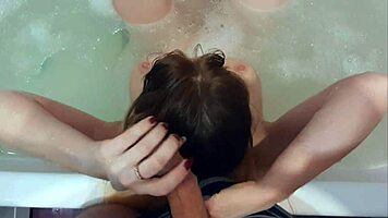 she jerks off a dick in the bathroom, getting cum on her hair as a cool mask.